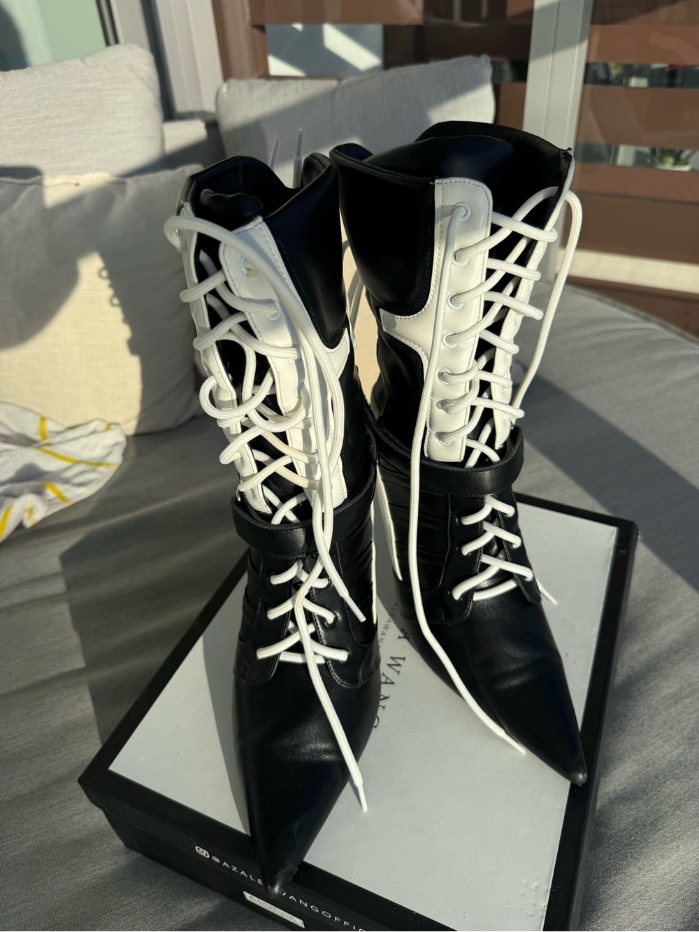 Black & White Lace-Up Pointed Stiletto Boots by Azaïa Wang - Picture 3 of 6